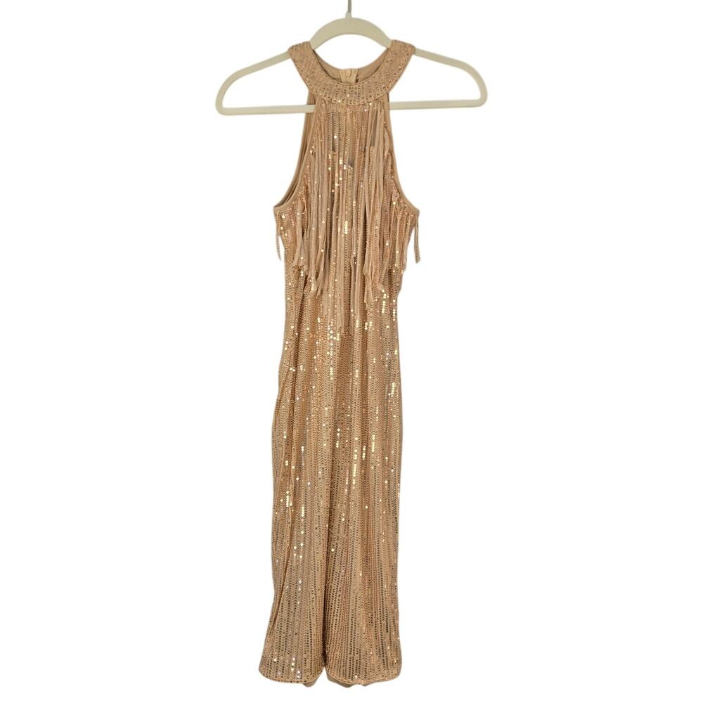 Rose Gold Halter Futuristic Fringe Bodycon Midi Dres Shimmer Metallic Cocktail M